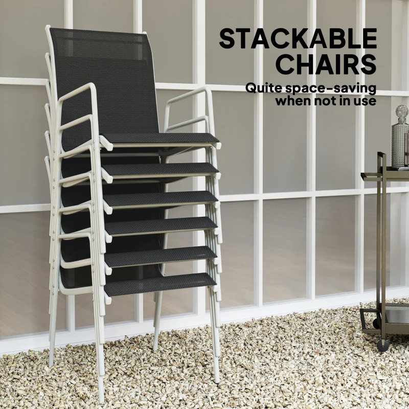 Outsunny Set de Grădină cu Masă Dreptunghiulară din Sticlă și 6 Scaune Stivuibile, 150x90x72 cm, Negru