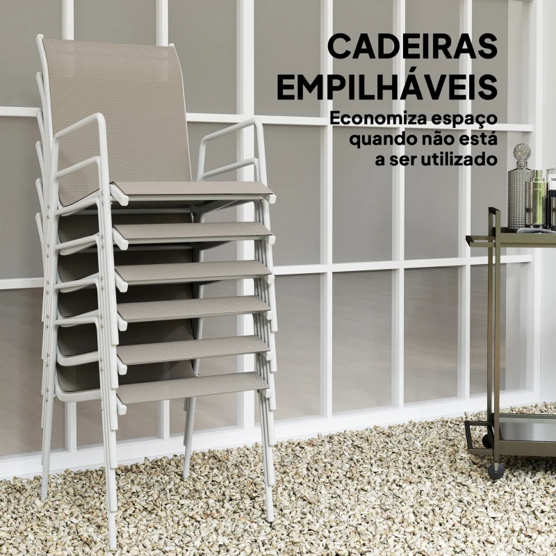 Outsunny Conjunto de Refeição 7 Peças com Mesa de Vidro Temperado e 6 Cadeiras Empilháveis com Apoio para os Braços Cinza
