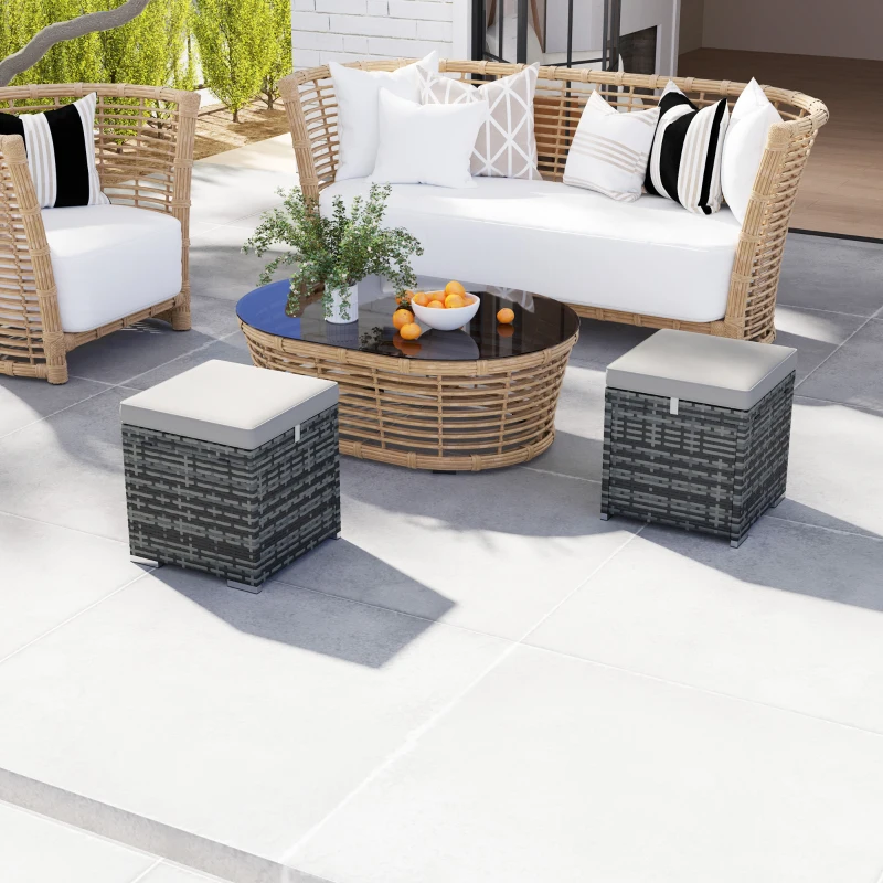 Outsunny Lot de 2 tabourets avec espace de rangement en rotin PE repose-pied de jardin avec coussin 40 x 40 x 41 cm, gris clair