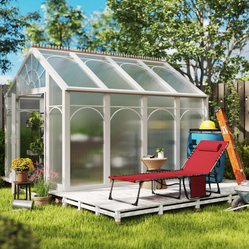 Outsunny Bain de soleil pliante dossier réglable sur 5 niveaux, plateau, appuie-tête, poche latérale 60x190x31cm, rouge