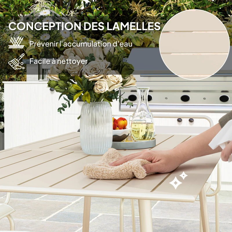 Outsunny Salon de jardin ensemble salle à manger de jardin 7 pièces avec 1 table et 6 chaises empilables en acier beige