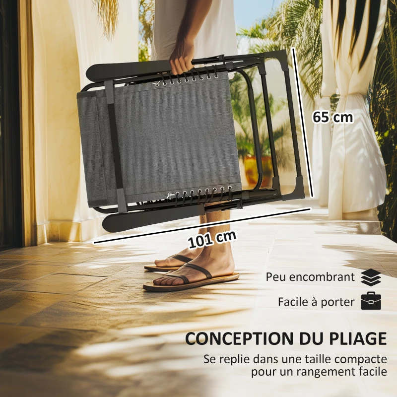 Outsunny Lot de 2 bain de soleil, chaise longue pliante inclinable avec appuie-tête en textilène, 90 x 65 x 112 cm, gris