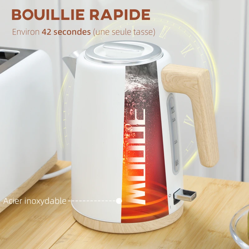 HOMCOM Ensemble bouilloire et grille-pain, 1,7L, 2200W, grille-pain 2 tranches avec 7 niveaux de brunissage, blanc