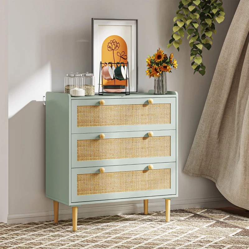 HOMCOM Schlafzimmer-Kommode mit 3 Schubladen, Rattan-Fronten, Kleiderkommode für Flur, Eingangsbereich, MDF, Grün(m-8)