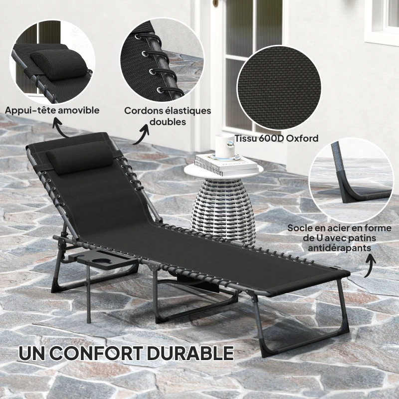 Outsunny Bain de soleil pliante dossier réglable sur 5 niveaux, plateau, appuie-tête, poche latérale 60 x 190 x 31 cm, noir