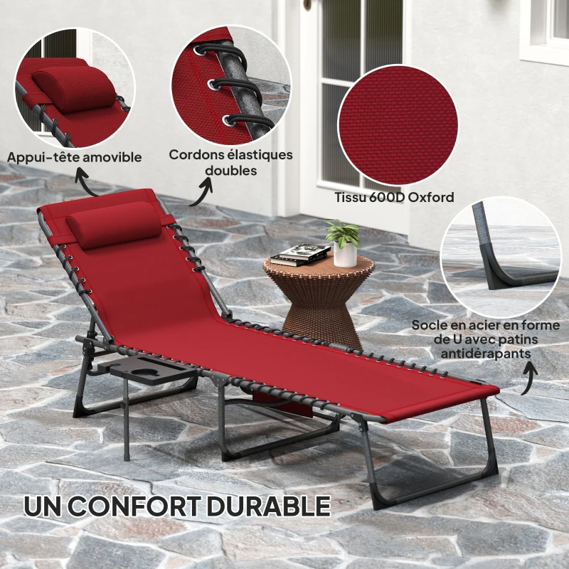 Outsunny Bain de soleil pliante dossier réglable sur 5 niveaux, plateau, appuie-tête, poche latérale 60x190x31cm, rouge
