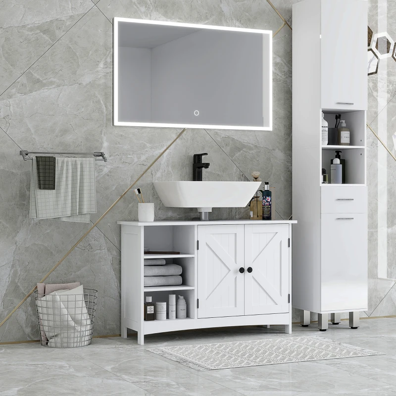 kleankin Dulap Rustic Alb pentru Sub Chiuveta – 2 Usi si Rafturi(m-2)