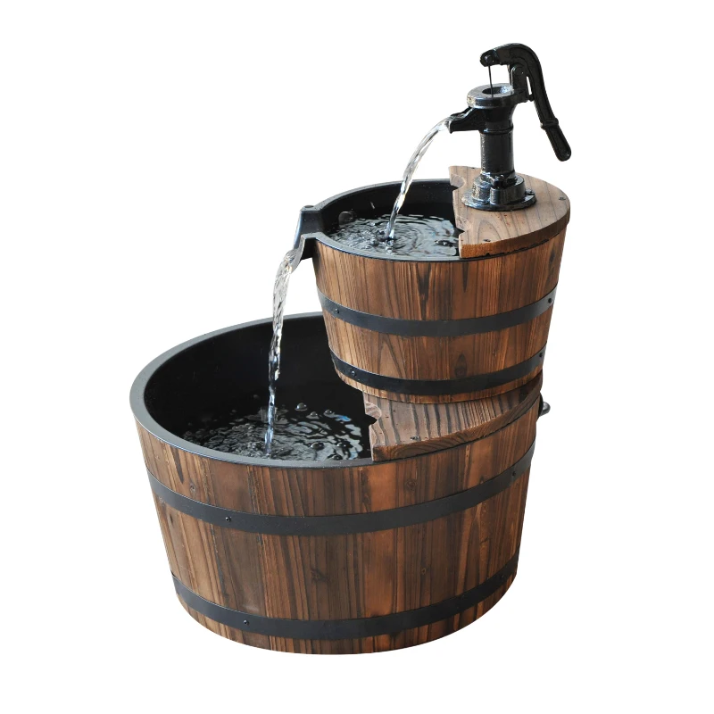 Outsunny Kaskadenbrunnen 2-stufig Gartenbrunnen Zierbrunnen Zimmerbrunnen Wasserspiel Wasserfall Wasserpumpe Tannenholz Dunkelbraun 44,5 x 44,5 x 58,5 cm