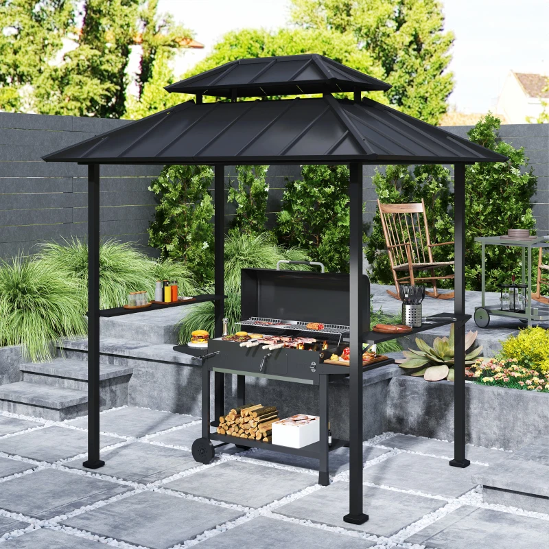 Outsunny Tonnelle de barbecue abri barbecue à double-toit rigide avec 2 étagères et crochet supérieur, 244x184x258cm, noir
