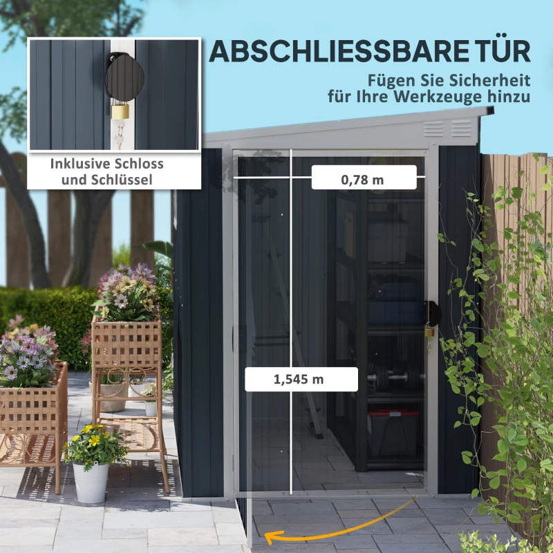 Outsunny Tuinopslagschuur, Gereedschapsschuur voor Tuingereedschap, met Venster, Ventilatieopeningen, Afsluitbaar, Staal, Donkergrijs(m-5)