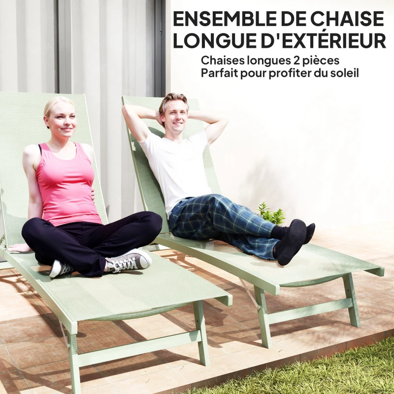 Outsunny Lot de 2 bains de soleil en aluminium et textilène avec roulettes dossier inclinable charge max. 150 Kg vert foncé