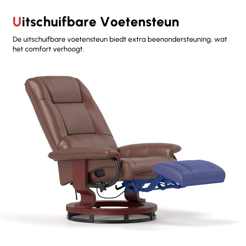 HOMCOM Relaxstoel, 145° kantelbaar, Verstelbare Voetensteun, Kunstleder, 360° Draaibaar, tot 120 kg, Bruin(m-6)