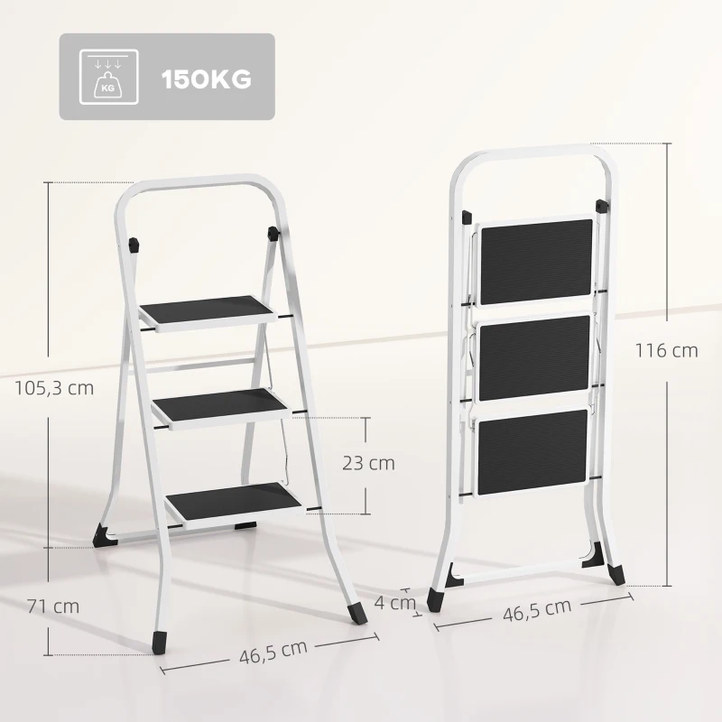HOMCOM Escalera Plegable de 3 Peldaños 71x46,5x105,3 cm con Superficie Antideslizante Asa de Transporte y Carga Máxima 150 kg