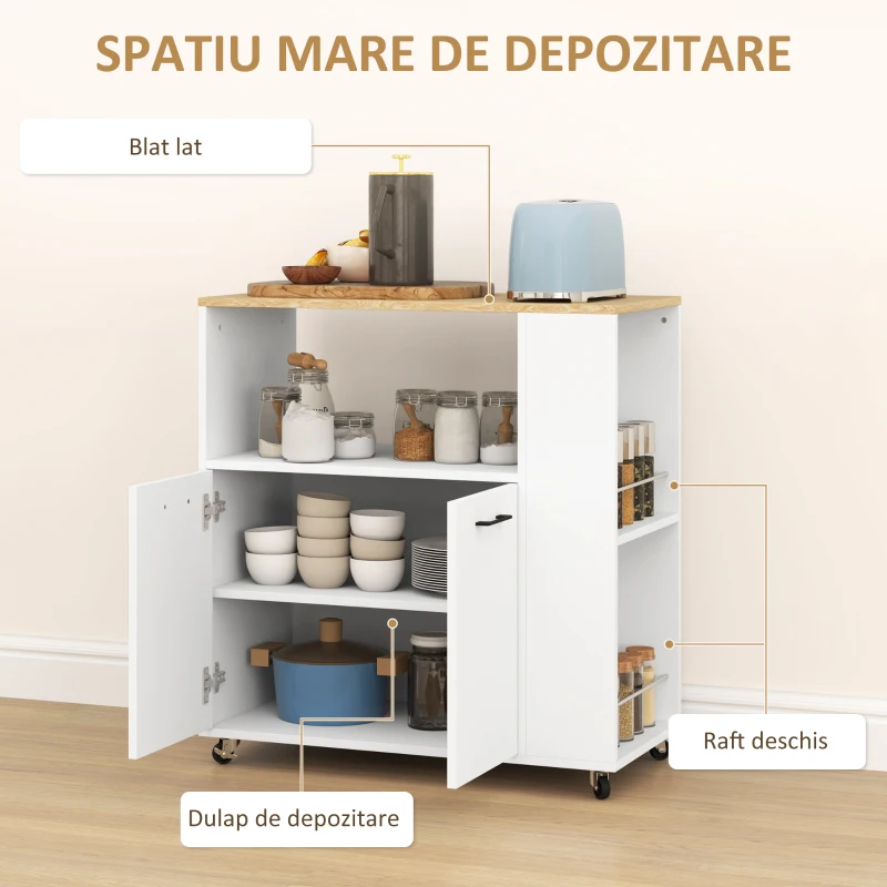 HOMCOM Cărucior de Bucătărie cu Raft Deschis, Dulăpior cu 2 Uși și Raft Lateral pe 2 Niveluri, 75x40x80,5 cm, Alb