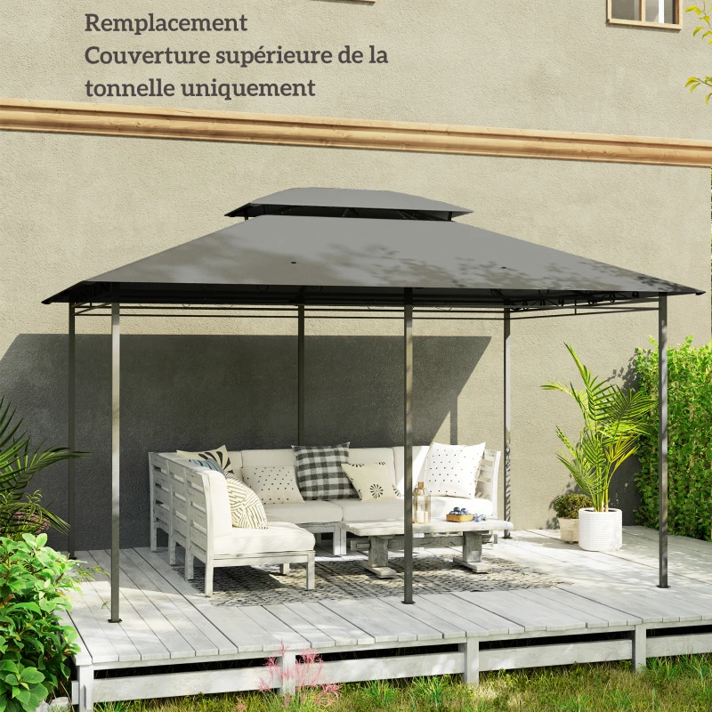 Outsunny Toile de rechange pour pavillon toile de tonnelle 4 x 3 m, double toit avec trous de drainage, polyester 180 g/m², gris