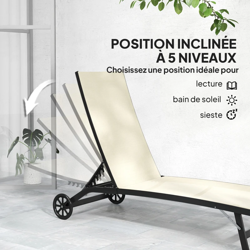 Outsunny Lot de 2 bains de soleil en aluminium et textilène avec roulettes dossier inclinable charge max. 150 Kg kaki