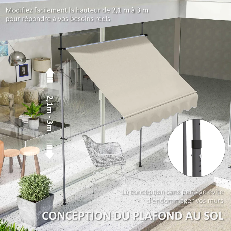 Outsunny Store banne autoportant manuel rétractable 2L x 1,2l x 2,1-3H m inclinaison réglable métal alu polyester sable
