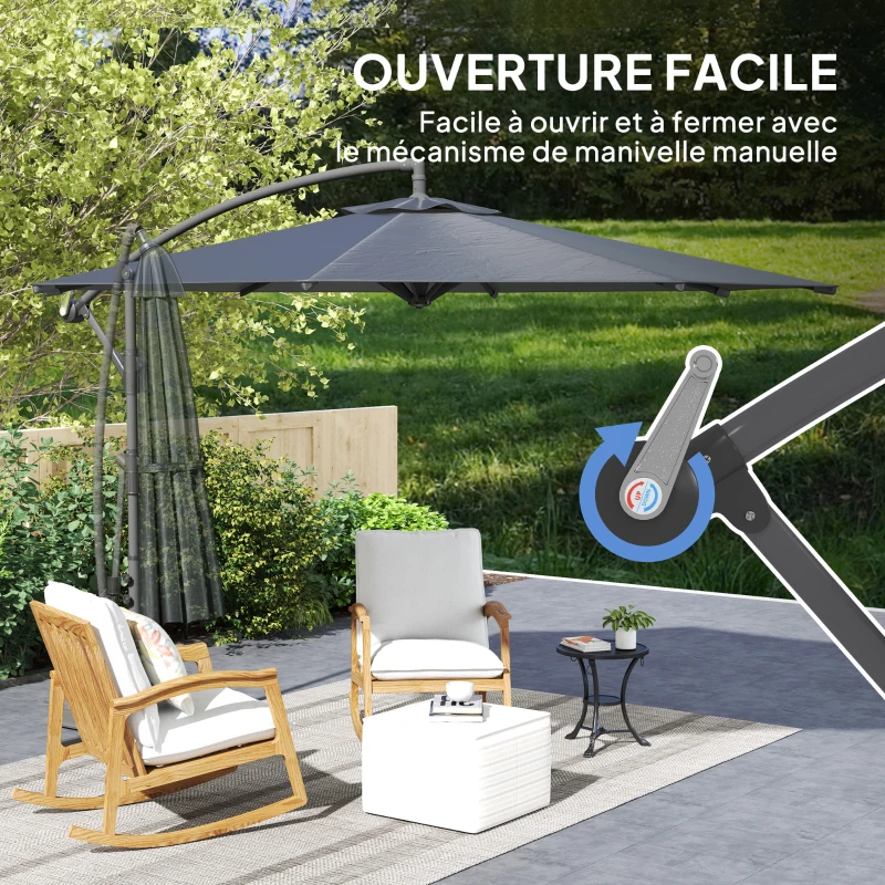 Outsunny Parasol déporté octogonal rabattable diamètre 3 m parasol de jardin avec pied en croix gris foncé