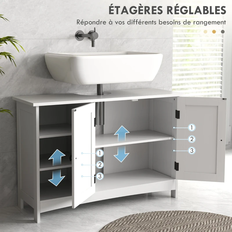kleankin Meuble sous vasque lavabo salle de bain style classique placard 2 portes étagères réglables 90 x 30 x 60 cm blanc