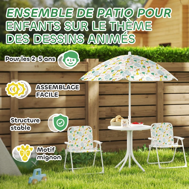 AIYAPLAY Ensemble salon de jardin extérieur enfant 4 pièces, motif éléphant et girafe, parasol réglable Ø 100 cm, chaise pliable