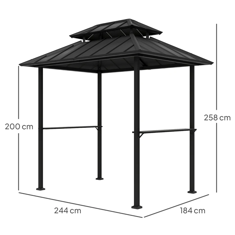 Outsunny Tonnelle de barbecue abri barbecue à double-toit rigide avec 2 étagères et crochet supérieur, 244x184x258cm, noir