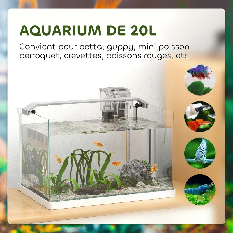 PawHut Aquarium en verre avec lumières LED aquarium de 20L pompe à filtre 38 x 26 x 27 cm blanc
