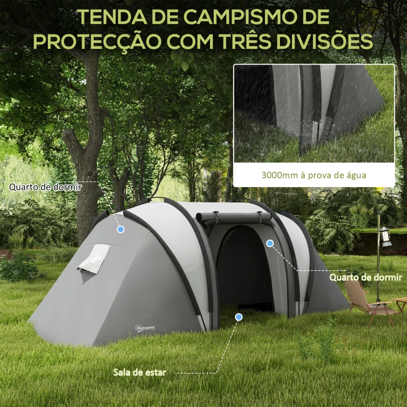 Outsunny Tenda de Campismo Familiar para 4-5 Pessoas Impermeável 3000 mm com 2 Quartos Bolsa de Transporte e Gancho 450x220x180 cm Cinzento