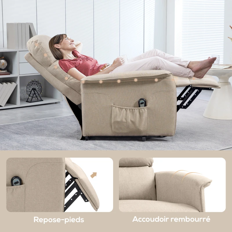 HOMCOM Fauteuil releveur inclinable avec repose-pied fonction massage et chaleur télécommande pochette beige chiné