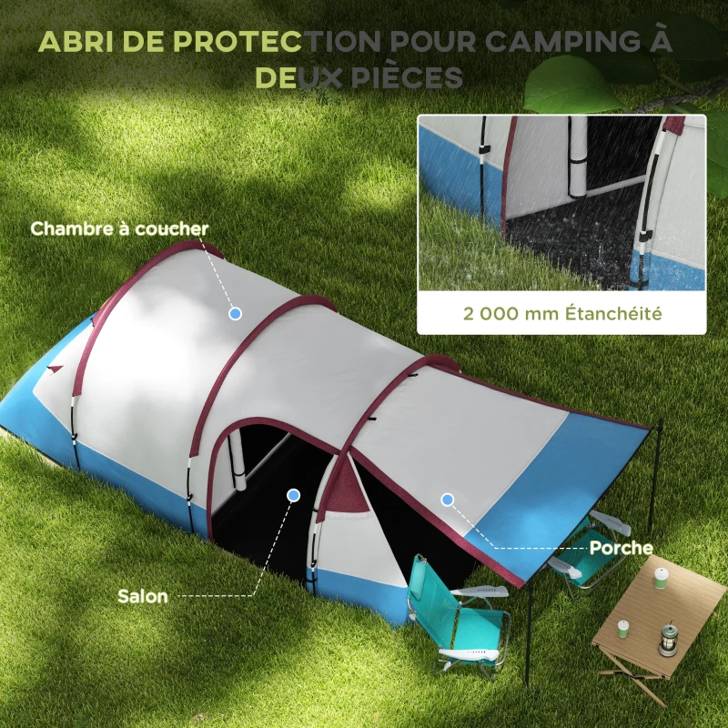 Outsunny Tente de camping tente tunnel 2-3 per. avec porche légère ventilée étanche 2000 mm 3 portes sac de transport inclus
