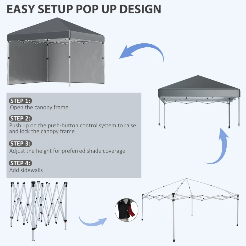Outsunny 3 x 3 (M) Pop Up Gazebo with 2 Sidewalls, Leg Weight Bags and Wheeled Bag, Height Adjustable Party Tent Event Shelter for Garden, Patio, Dark Grey