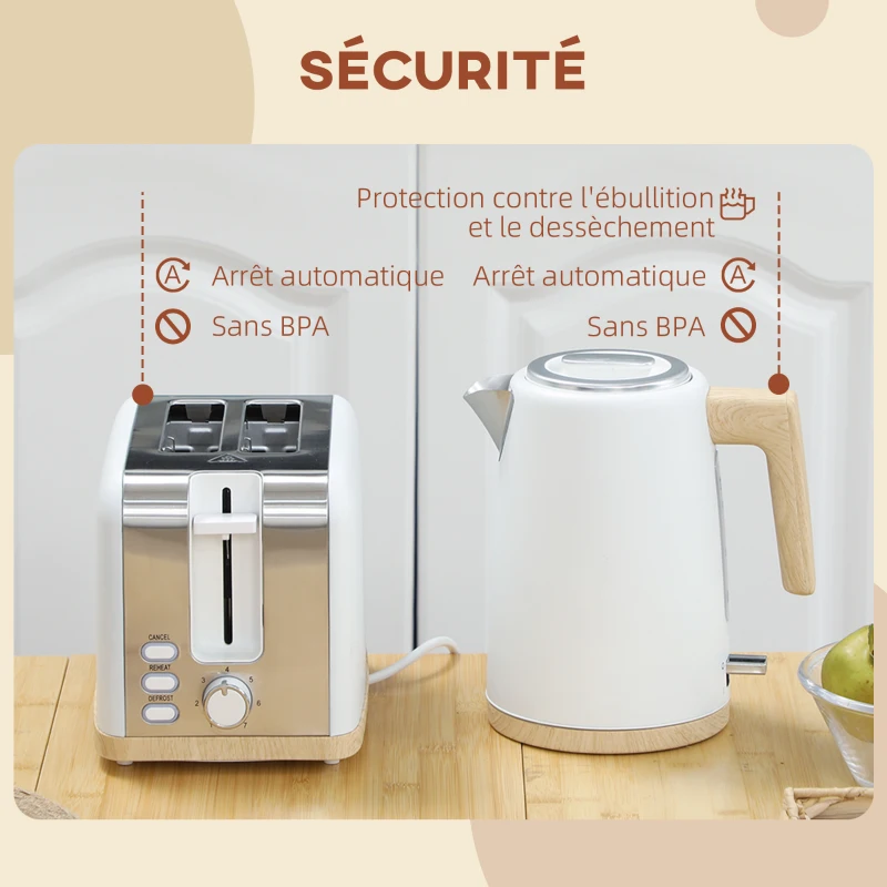 HOMCOM Ensemble bouilloire et grille-pain, 1,7L, 2200W, grille-pain 2 tranches avec 7 niveaux de brunissage, blanc