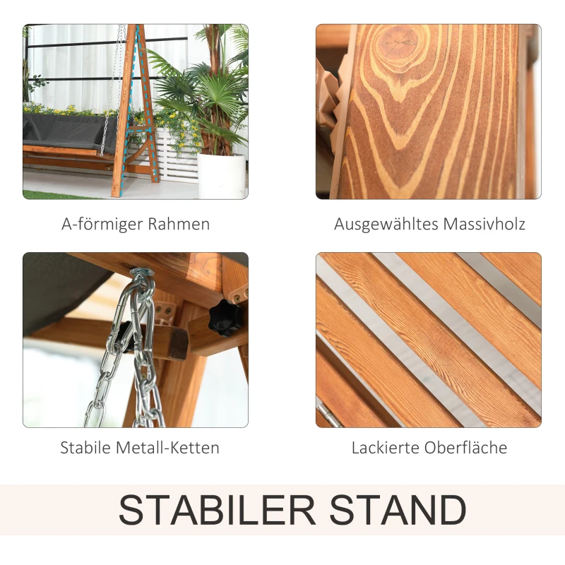 Outsunny Hollywoodschaukel mit Bettfunktion 3-Sitzer Gartenschaukel Holzschaukel mit verstellbarem Sonnendach Schaukelbank belast 250kg Gartenliege für Terrasse, 225,5 x 113 x 180 cm Grau+Teak