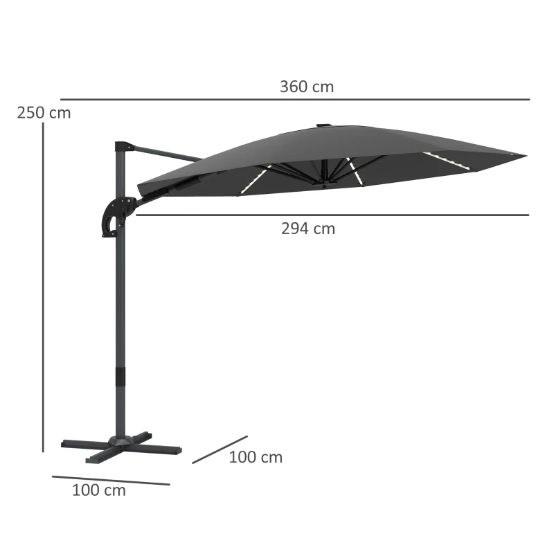Outsunny Aluminiowy Parasol Ogrodowy LED Solar Ø300 cm Regulowana Wysokość z Korbką UV50+ Ciemnoszary