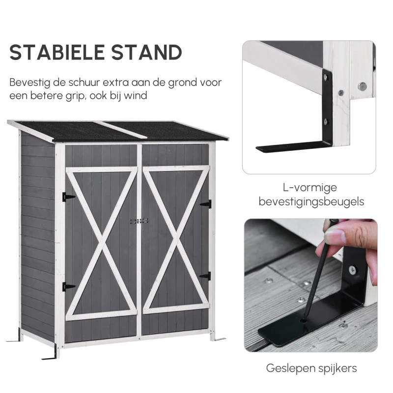 Outsunny gereedschapsschuur met 2 deurs gereedschapskast met asfaltdak Tuin opbergkast anti-dumping design met grondspijkers dennenhout grijs + wit 139 x 75 x 160 cm