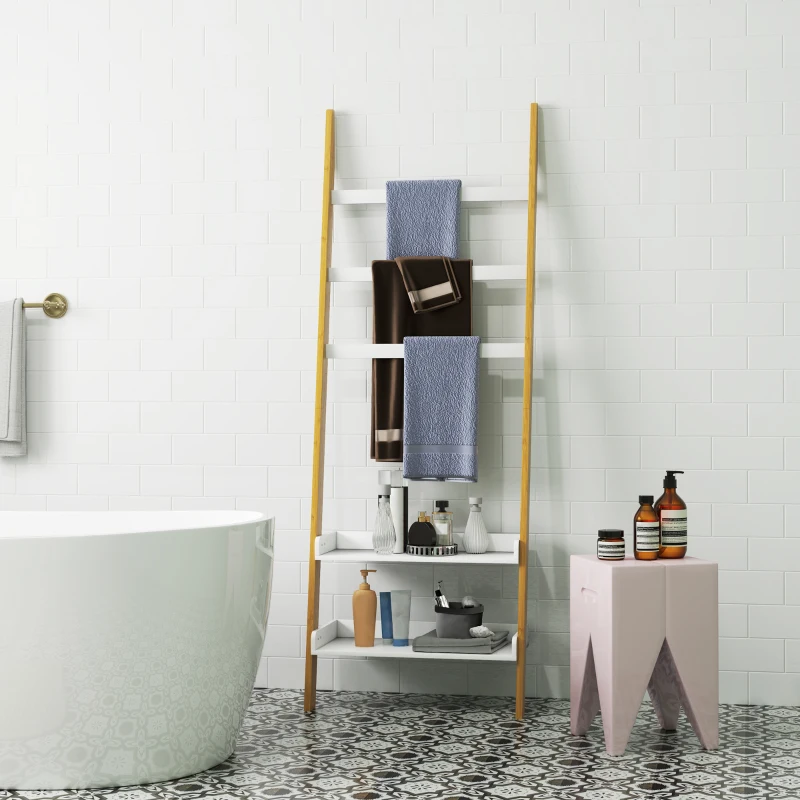 HOMCOM Étagère de rangement étagère échelle avec 2 étagères et 3 porte-serviettes pour chambre à coucher et salon, blanc