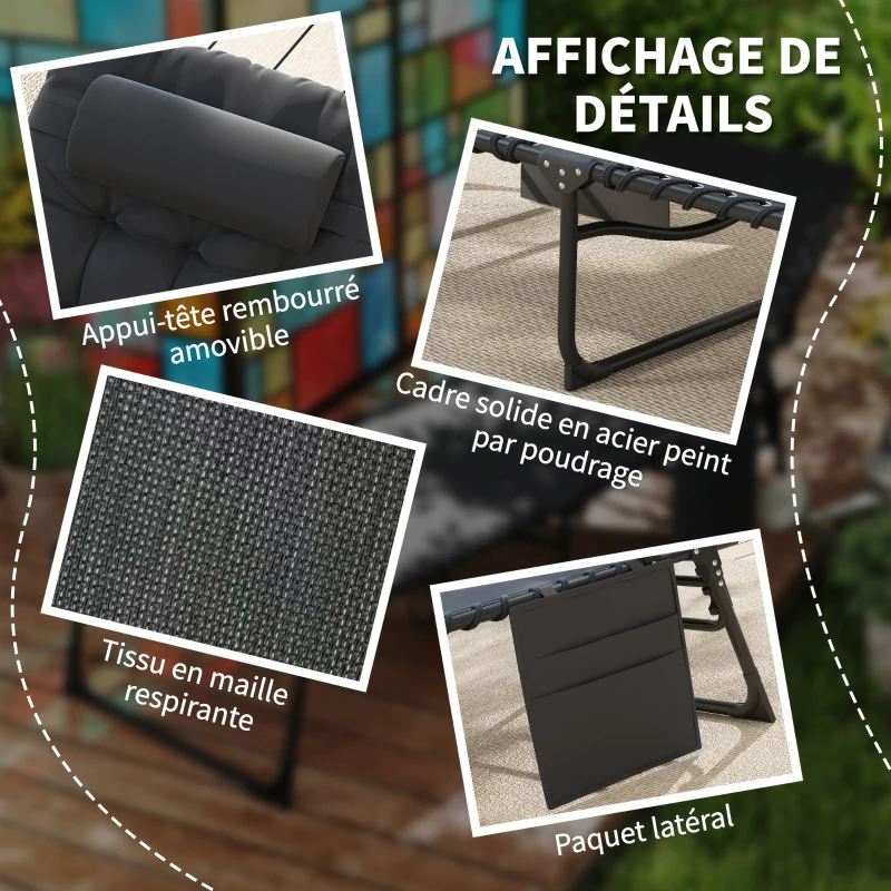 Outsunny Bain de soleil chaise longue pliante avec coussin appuie-tête poche latérale inclinable 58 x 189 x 32,5 cm noir