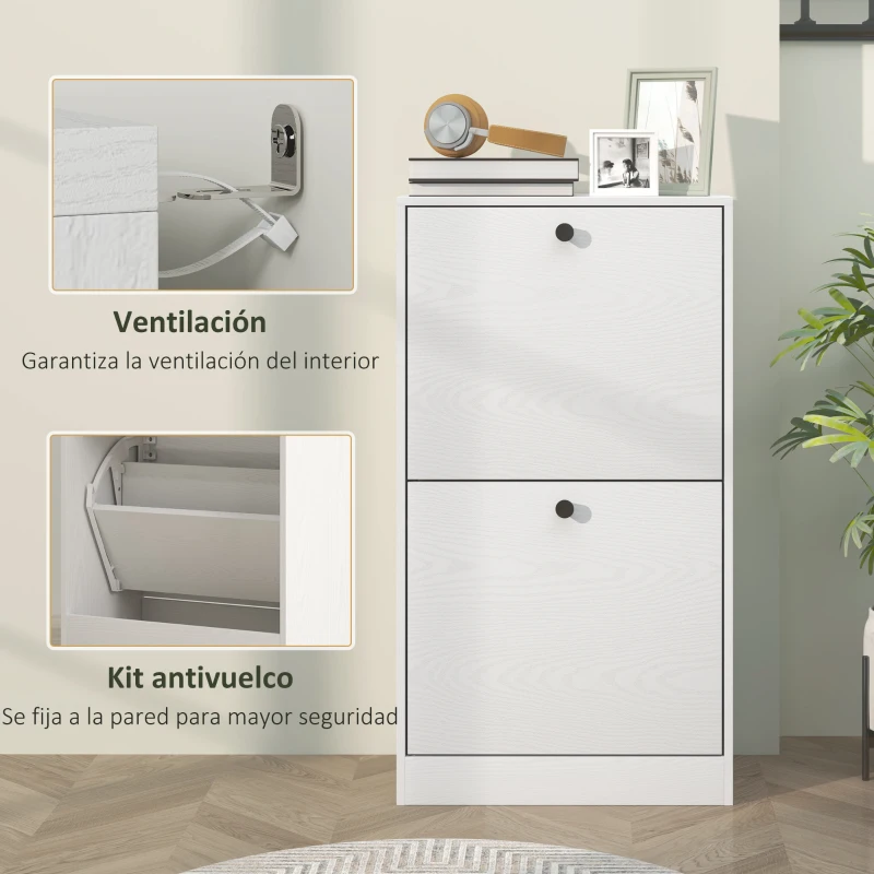 HOMCOM Zapatero con 2 Cajones Abatibles Estantes Ajustables para Pasillos y Espacios Pequeños 47x26x85 cm Blanco Veteado