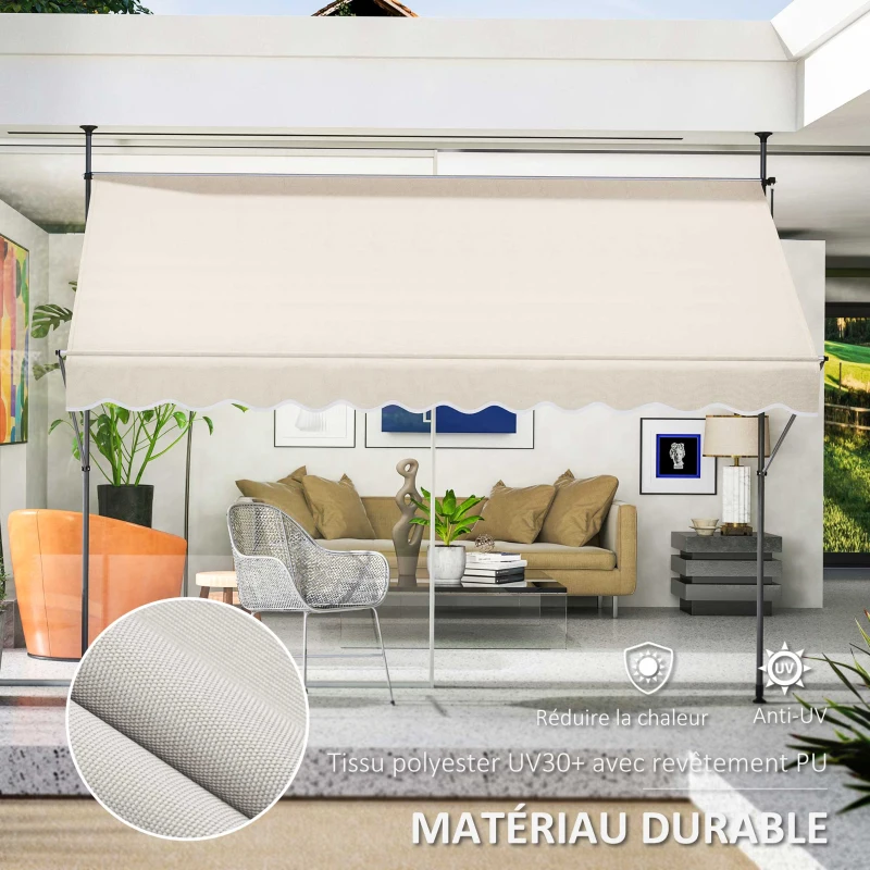 Outsunny Store banne autoportant manuel rétractable 3L x 1,2l x 2,1-3H m inclinaison réglable métal alu polyester sable