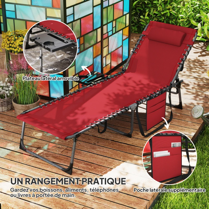 Outsunny Bain de soleil pliante dossier réglable sur 5 niveaux, plateau, appuie-tête, poche latérale 60x190x31cm, rouge