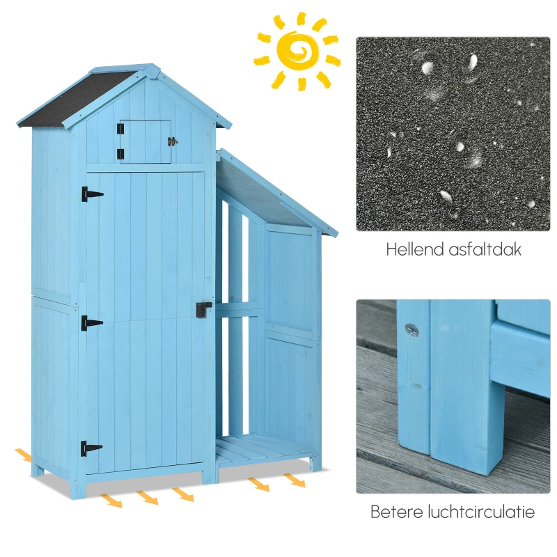 Outsunny tuinhuis gereedschapshuis gereedschapsschuur met opslagruimte voor brandhout gereedschapsschuur met 3 planken asfalt dak dennenhout hemelsblauw 130 x 54,5 x 180 cm