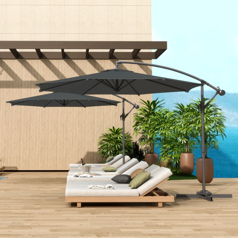 Outsunny Parasol déporté octogonal rabattable diamètre 3 m parasol de jardin avec pied en croix gris foncé