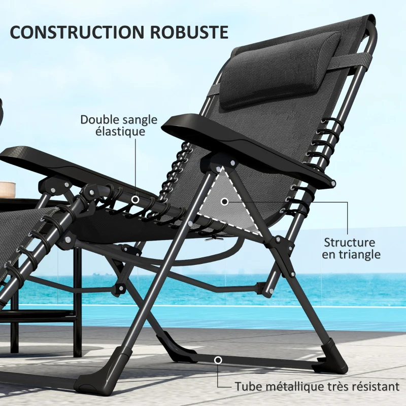 Outsunny Lot de 2 bain de soleil, chaise longue pliante inclinable avec appuie-tête en textilène, 90 x 65 x 112 cm, noir