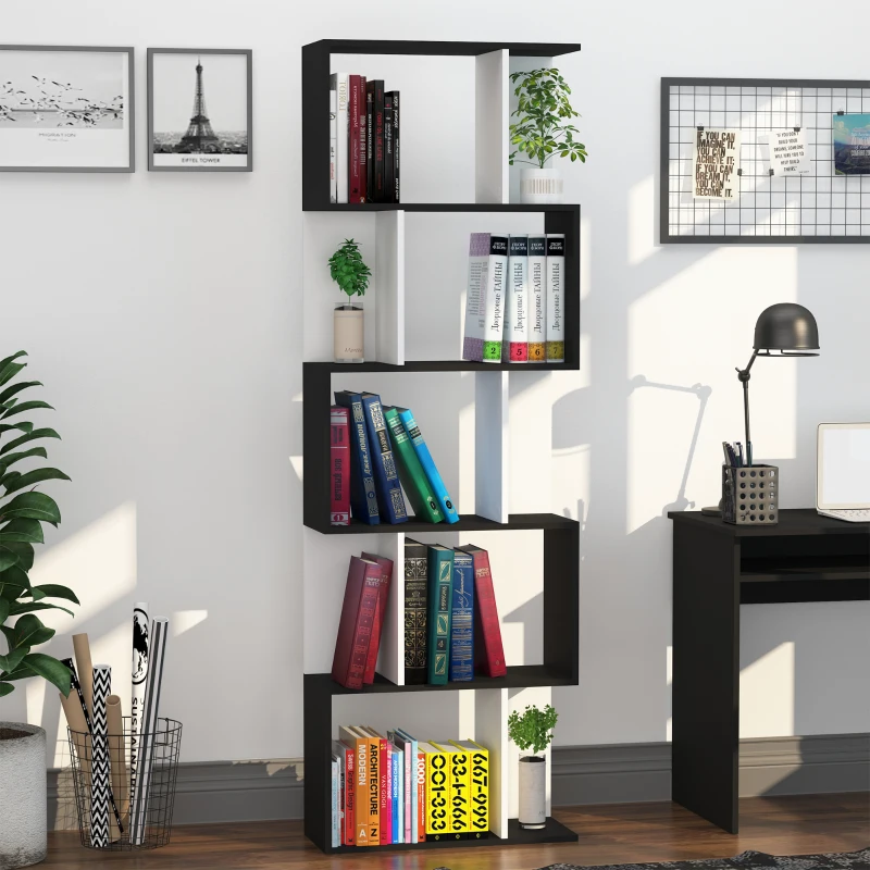 HOMCOM Estante para Livros Estante Alta de Parede com 5 Níveis em Forma de S Desenho Moderno 60x24x184,5 cm Branco e Preto