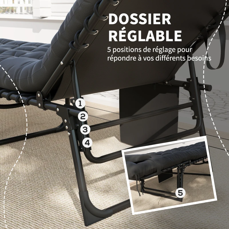Outsunny Bain de soleil chaise longue pliante avec coussin appuie-tête poche latérale inclinable 58 x 189 x 32,5 cm noir