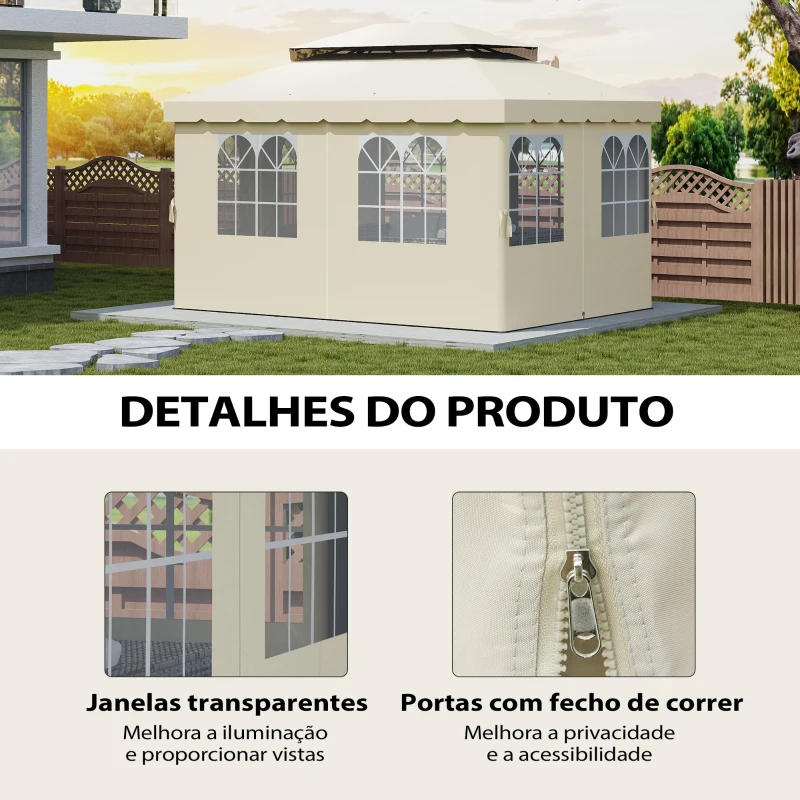 Outsunny 4 Paredes Laterais para Tenda 3x4 m Laterais de Tenda com Ganchos 8 Janelas e Proteção UV Creme