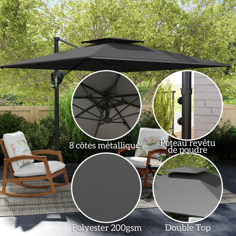 Outsunny Parasol déporté carré 2,5 x 2,5 m, parasol de jardin extérieur avec manivelle, 2 bases incluses, 8 baleines, gris foncé