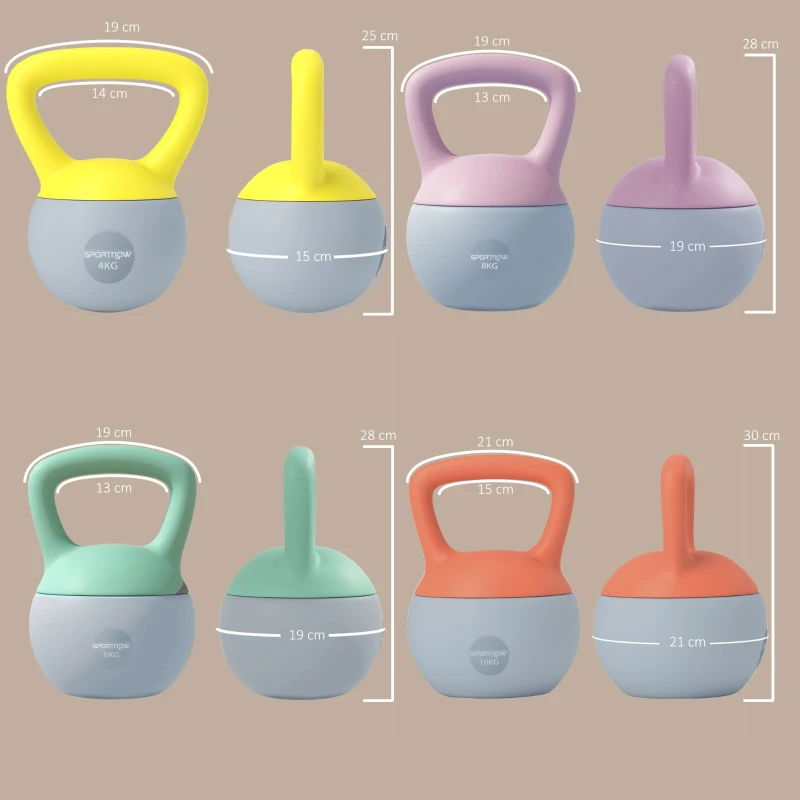 SPORTNOW 4kg/6kg/8kg/10kg Soft Kettlebell, Set of 4 Kettle Bell with Non-Slip Handle for Home Gym Weight Lifting and Strength Training