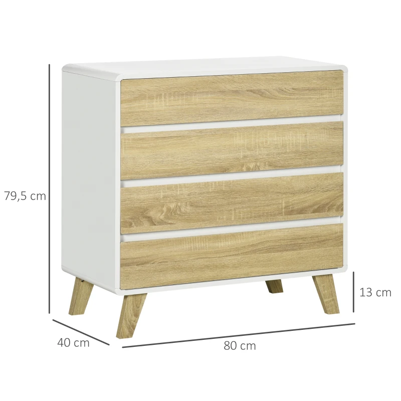 HOMCOM Commode 4 tiroirs design scandinave pour couloir chambre salon salle de bain 80 x 40 x 79,5 cm blanc et aspect bois