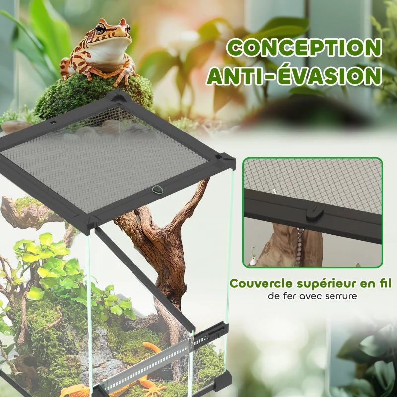 PawHut Terrarium en verre pour reptiles vivarium 12 L avec couvercle en treillis métallique, 20 x 20 x 30 cm, noir