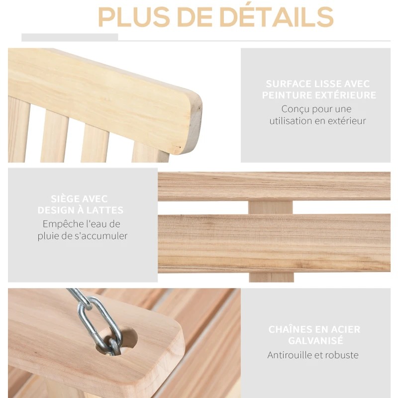 Outsunny Banc suspendu 2 places balançoire de jardin, dossier et assise à lattes en bois, charge jusqu'à 200 kg, bois naturel